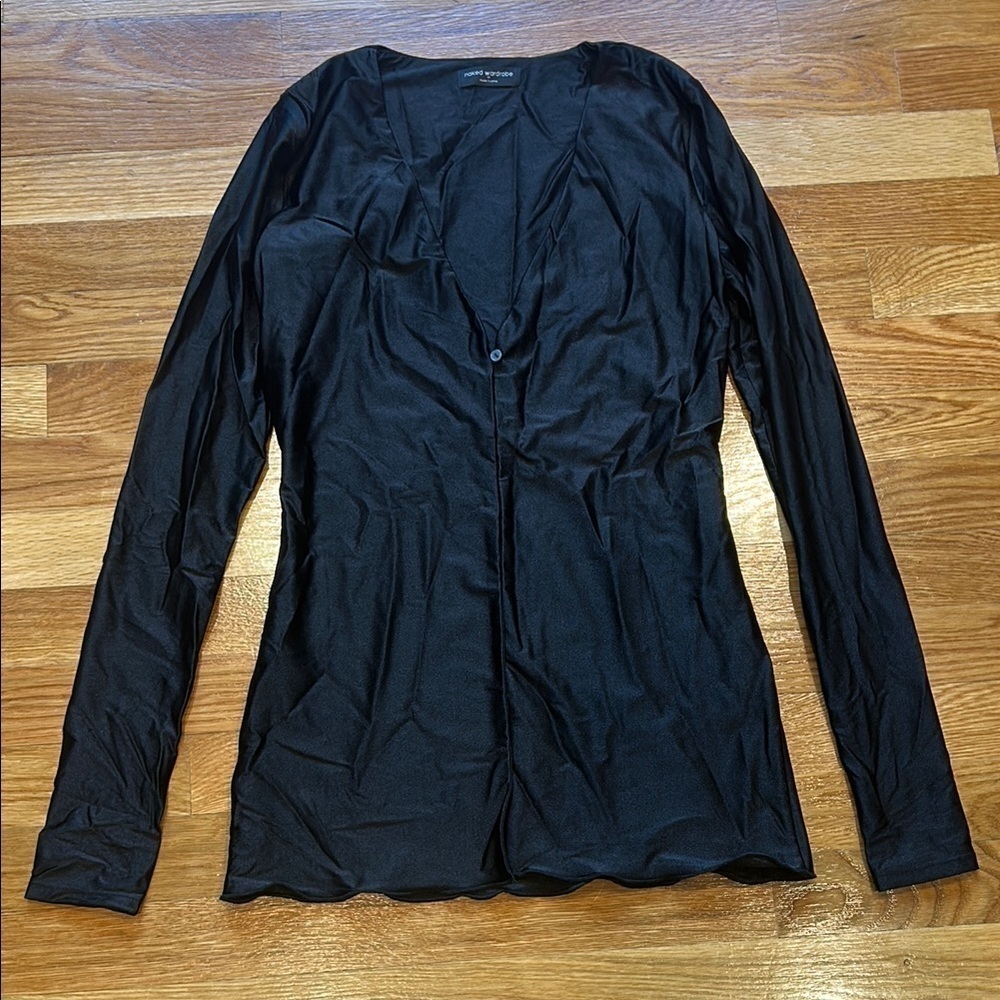 Naked Wardrobe Long Sleeve Liquid Black nylon Stretch 1 Button Top Medium women
